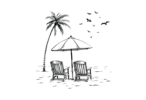 Beach scene with 2 chairs and umbrella and palm tree with bird silhouettes in the sky tattoo idea