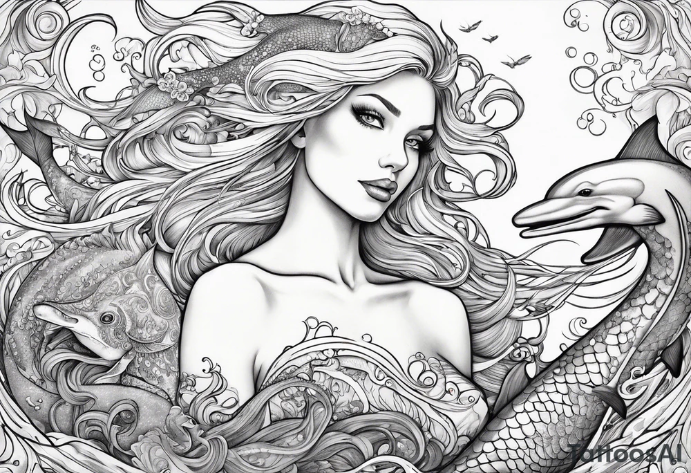 Beautiful blond mermaid with her giant octopus and dolphin friends tattoo idea