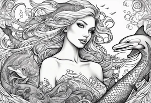 Beautiful blond mermaid with her giant octopus and dolphin friends tattoo idea