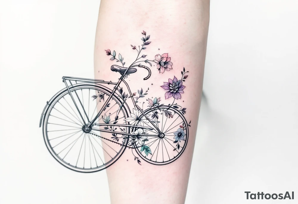 A vintage bicycle with intricate floral designs on the frame, in soft pastels (light pink, mint green, and lavender), symbolizing freedom and adventure. tattoo idea