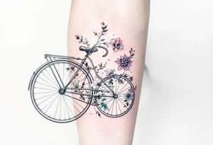 A vintage bicycle with intricate floral designs on the frame, in soft pastels (light pink, mint green, and lavender), symbolizing freedom and adventure. tattoo idea