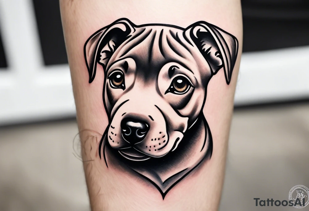"A small, highly detailed tattoo design of an adorable Pitbull puppy, focusing on its expressive eyes and gentle facial features. The tattoo should capture the puppy's soft fur, with a slight smile and floppy ears, giving it a cute and friendly appearance. The design should be minimalistic and fine-lined, with realistic shading to emphasize the microrealistic style." tattoo idea