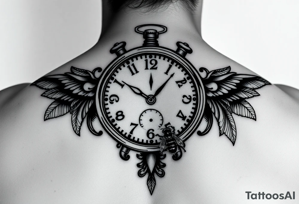 Imaginez un tatouage noir et blanc pour l'avant bras avec horloge affichant 6h40, avec  le Colisé en arrière plan du tatouage  un gladiateur avec une abeille sur le bouclier  une carte de la Corse tattoo idea