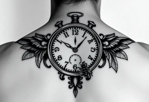 Imaginez un tatouage noir et blanc pour l'avant bras avec horloge affichant 6h40, avec  le Colisé en arrière plan du tatouage  un gladiateur avec une abeille sur le bouclier  une carte de la Corse tattoo idea