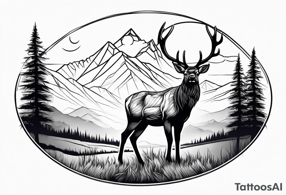 adult elk in a field with mountains in the background tattoo idea