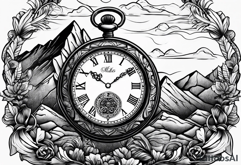 Pocket watch with mountains tattoo idea