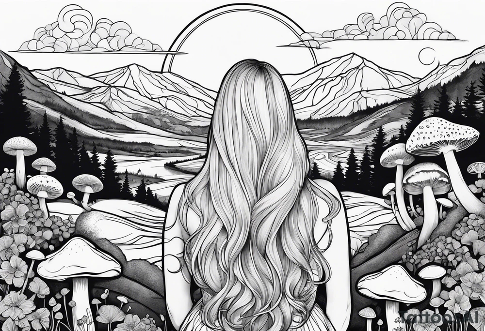 Blonde long straight hair older woman no makeup surrounded by mushrooms facing away mountains crescent moon background tattoo idea
