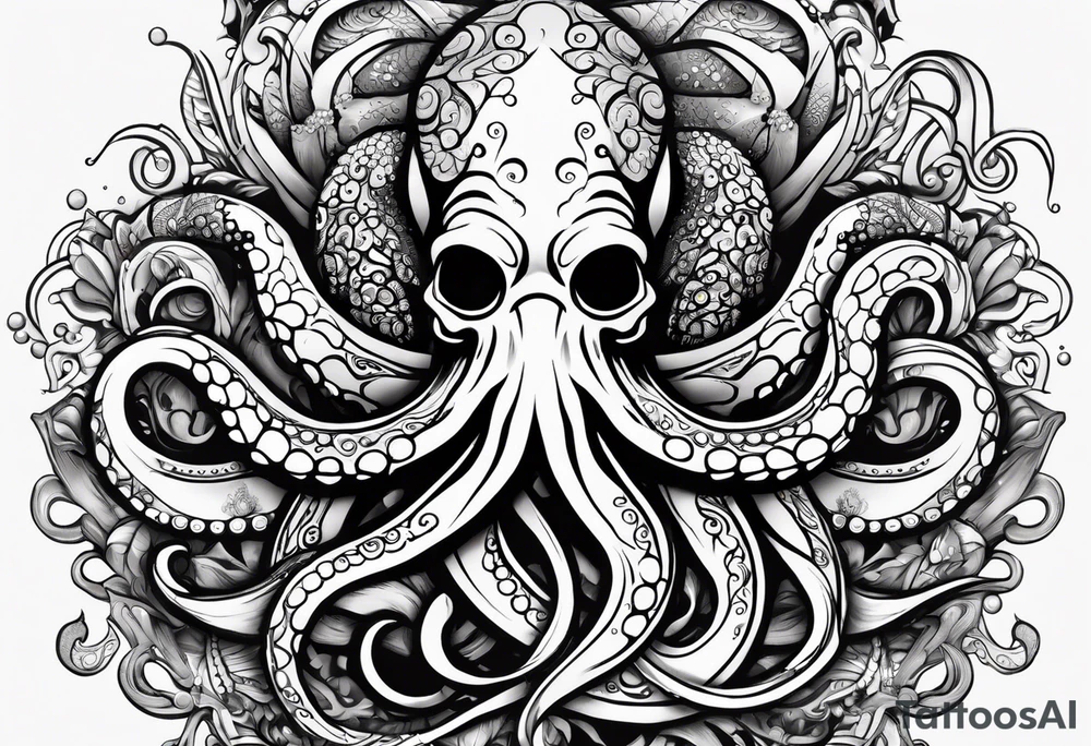 Tribal half sleeve octopus with ribbons around it filled with fish and water waves tattoo idea