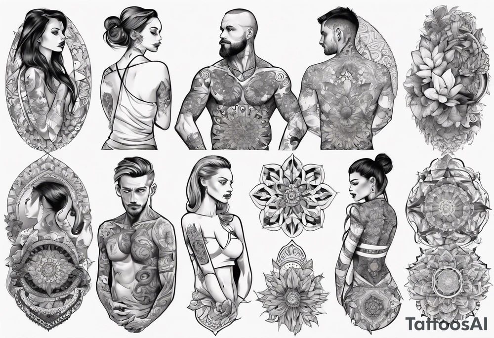 man with tattoos on both arms. from shoulder to elbow , each tattoo with beautiful women mixed with mandalas tattoo idea