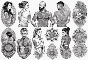 man with tattoos on both arms. from shoulder to elbow , each tattoo with beautiful women mixed with mandalas tattoo idea