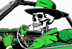 Skeleton smoking a cigarette driving a green 1976 convertible Corvette tattoo idea