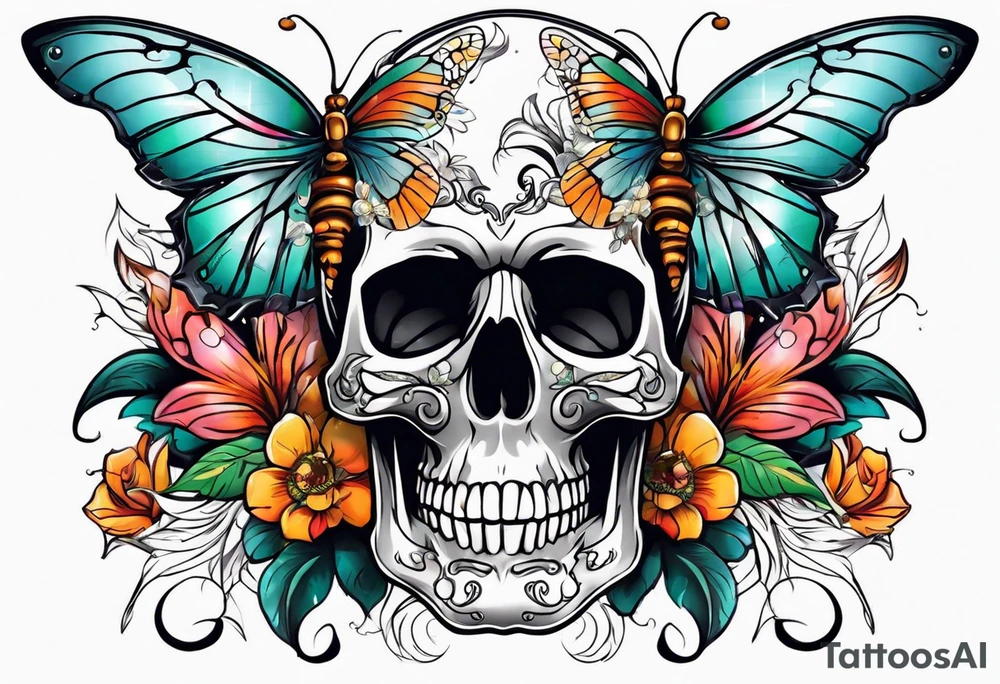 Skull tattoo with scorpions, butterflies, and flowers tattoo idea