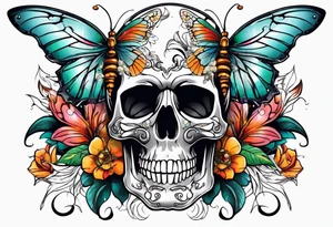 Skull tattoo with scorpions, butterflies, and flowers tattoo idea