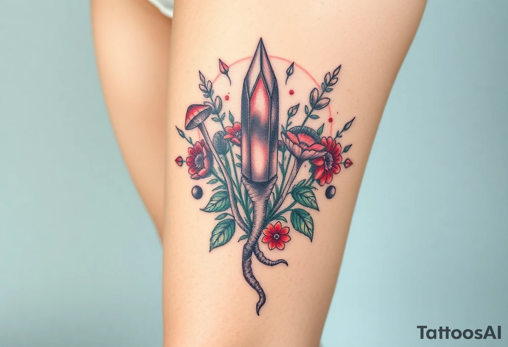 psychedelic  tattoo with crystals and  flowers and mushrooms tattoo idea
