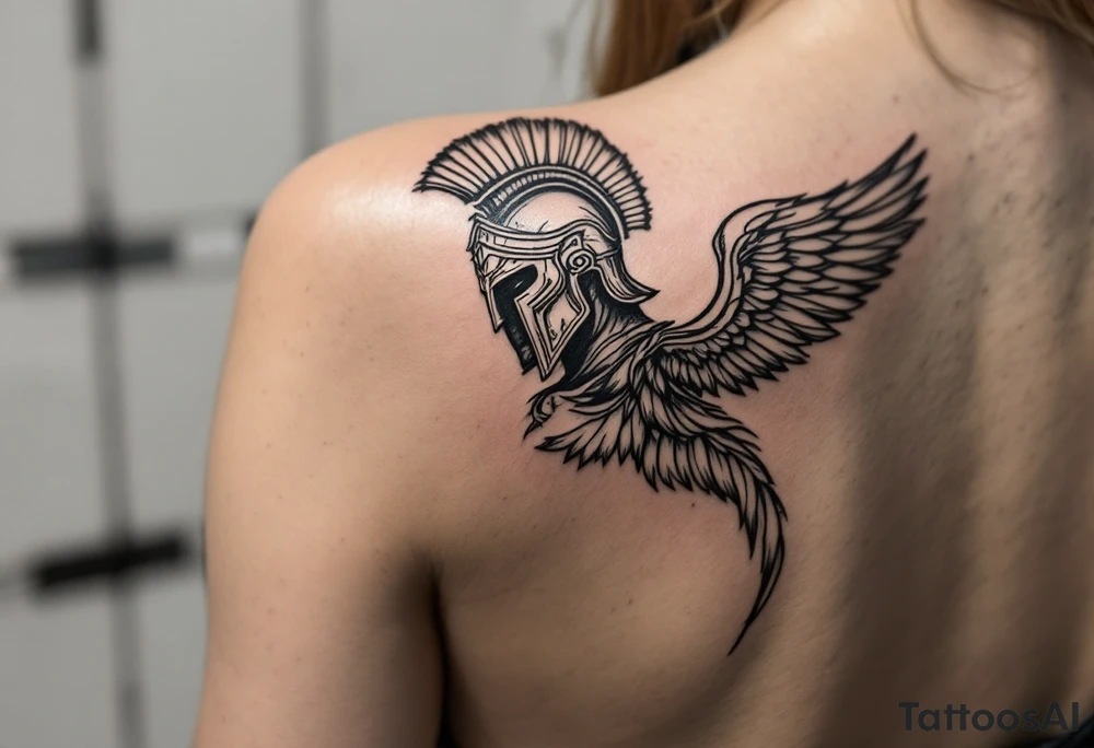 forearm tattoo of a spartan warrior with angel wings tattoo idea