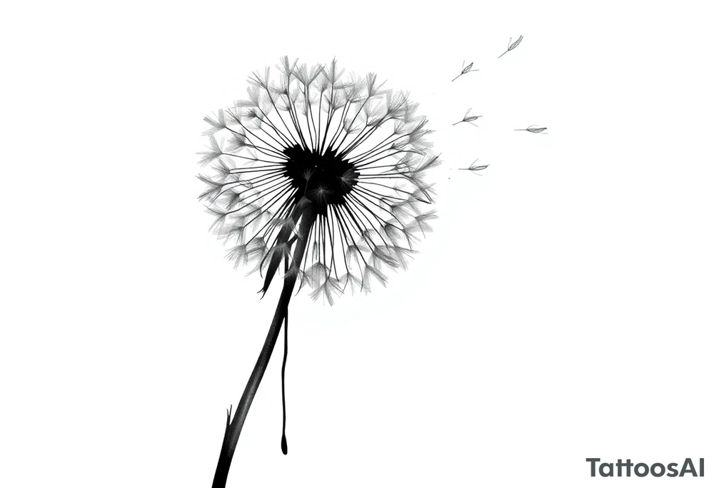 Dandelion
This image showcases a black-and-white watercolor-style illustration of a dandelion. The dandelion is depicted in fine detail, with its delicate seeds dispersing into the air. The artistic approach includes an ink-wash effect, where the stems appear to be dripping down like wet ink or paint, creating a dreamy and fluid aesthetic.

The background is minimalistic, with soft splatters and shading, adding to the abstract and ethereal feel. The contrast between the dark ink and the white background gives the image a striking, modern, and artistic look. It conveys themes of freedom, change, and the fleeting nature of time. Let me know if you need any modifications or a custom version of this design! tattoo idea