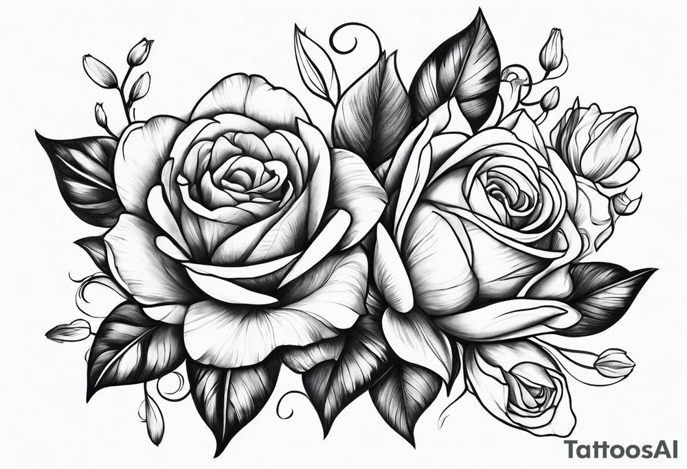 Roses and tulips with decorative swirls tattoo idea