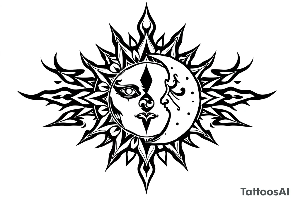 celestial sun and moon embrace with constellation patterns tattoo idea