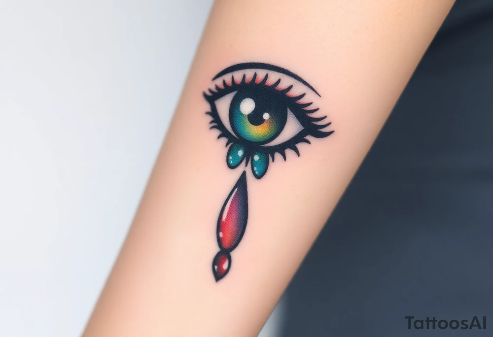 Teary eyea with a dripping large tear drop with a rainbow gradient, from rich red at the top to violet at the bottom tattoo idea