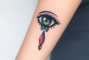 Teary eyea with a dripping large tear drop with a rainbow gradient, from rich red at the top to violet at the bottom tattoo idea