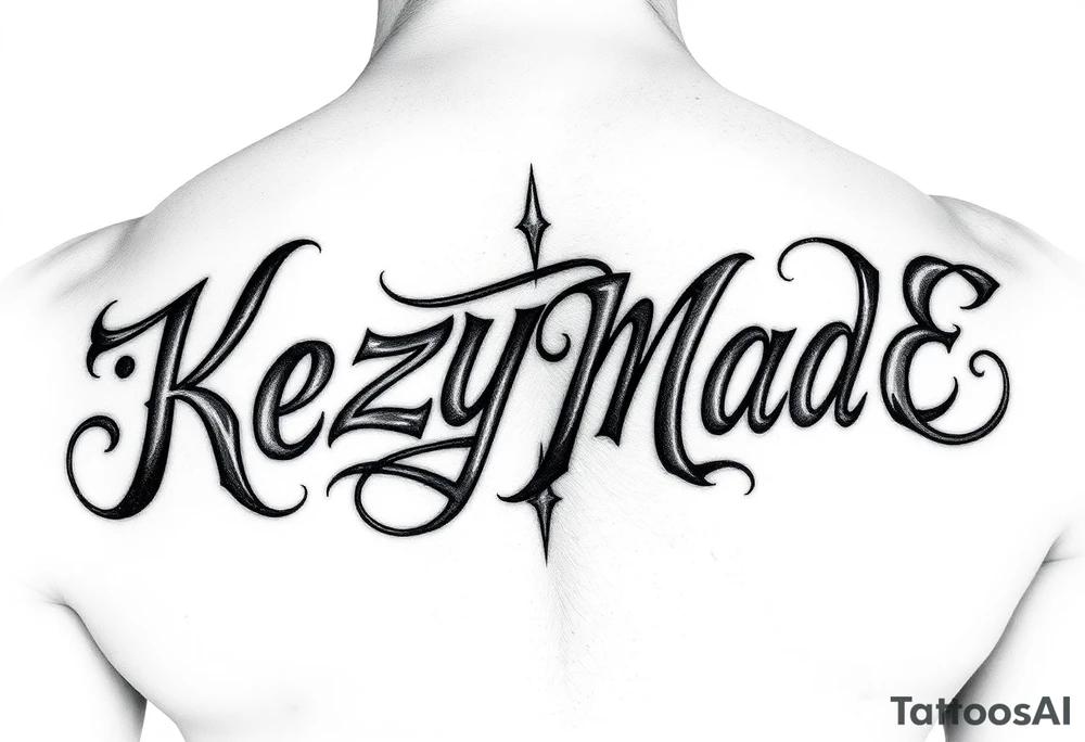 A fancy but rugged intertwined curvy lettering that would be clothing brand style that says (KeEzY MadE) tattoo idea