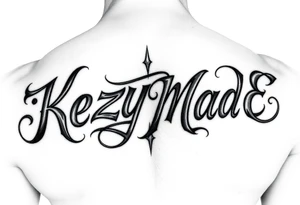 A fancy but rugged intertwined curvy lettering that would be clothing brand style that says (KeEzY MadE) tattoo idea