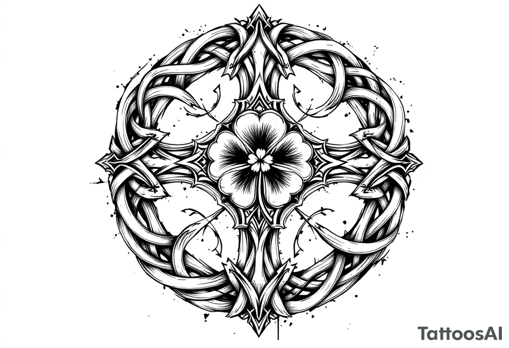 an irish inspired celtic knot piece with a celtic cross with a four leaf clover in the middle tattoo idea