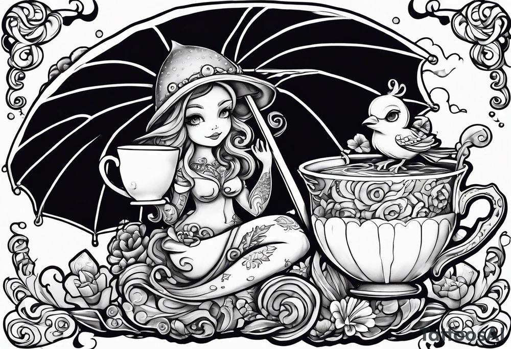a sea witch with tentacles holding an umbrella and a teacup with a yellow bird chasing a gingerbread boy tattoo idea