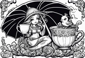 a sea witch with tentacles holding an umbrella and a teacup with a yellow bird chasing a gingerbread boy tattoo idea