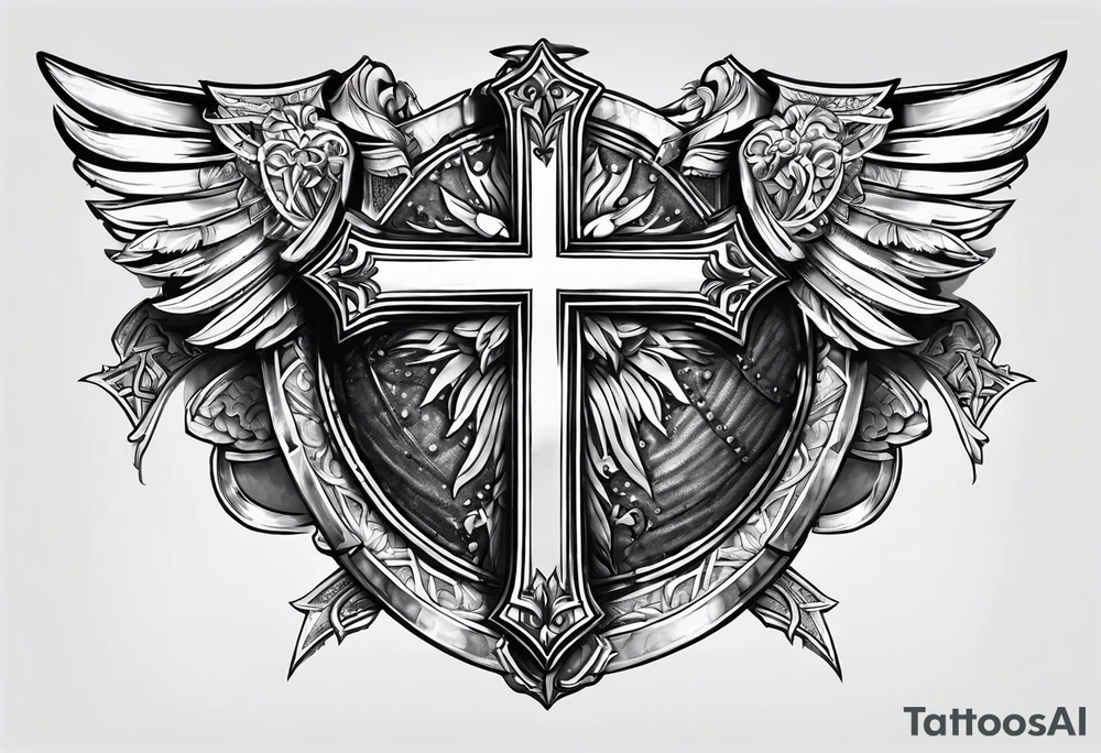 pauldron armor piece with a cross in the center and a sun on the side tattoo idea