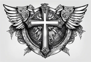 pauldron armor piece with a cross in the center and a sun on the side tattoo idea