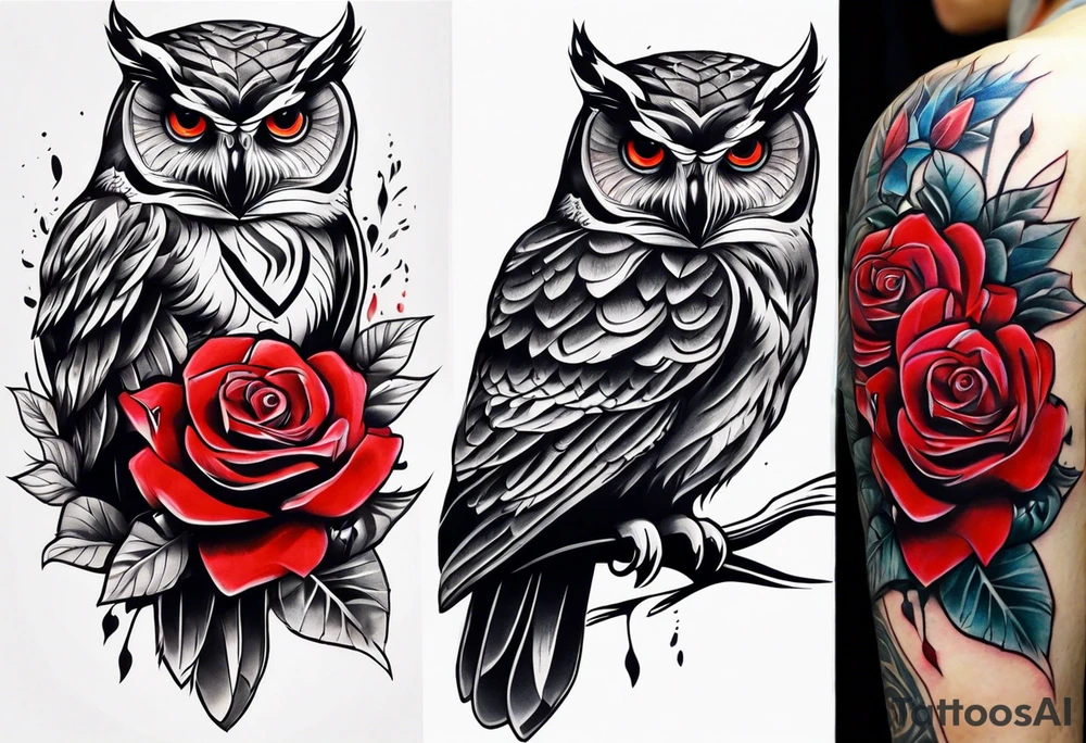 Forearm tattoo Color one Owl with three red roses tattoo idea