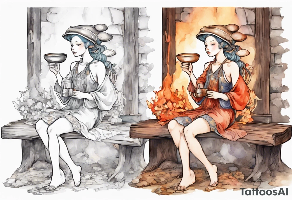 a mushroom fairy
wearing a medieval tunic sitting on a bench by a fireplace drinking from a wood cup, happy tattoo idea