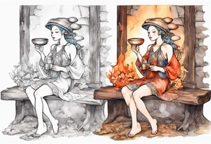 a mushroom fairy
wearing a medieval tunic sitting on a bench by a fireplace drinking from a wood cup, happy tattoo idea