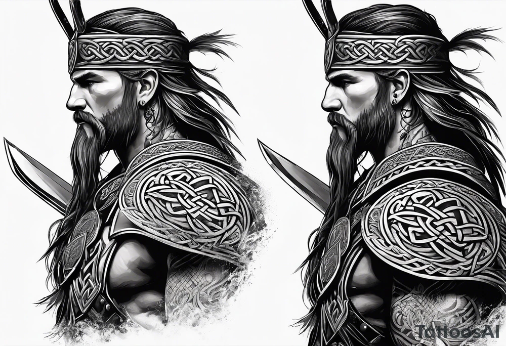 Side profile of full body of Celtic warrior with weapons unsheathed tattoo idea