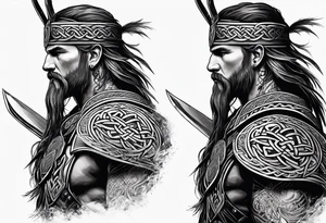 Side profile of full body of Celtic warrior with weapons unsheathed tattoo idea