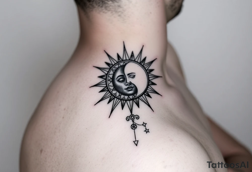 celestial sun and moon embrace with constellation patterns on forearm tattoo idea
