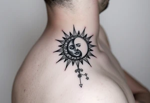 celestial sun and moon embrace with constellation patterns on forearm tattoo idea