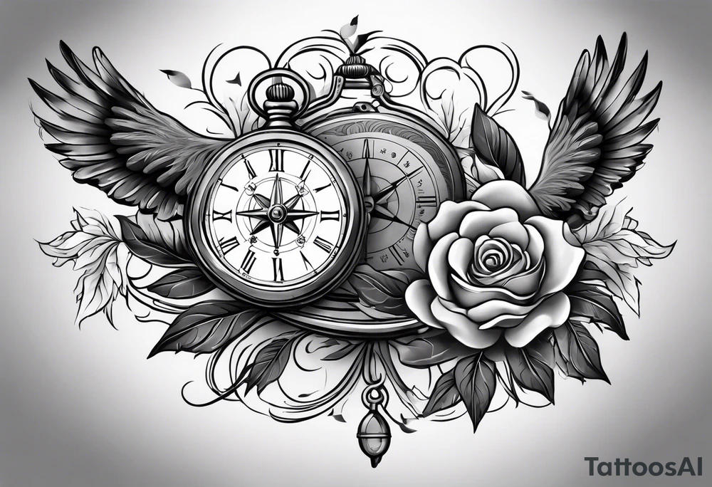 black and grey composition of three elements, 1), combination old school pocket watch and nautical compass, 2) a tree of life and 3) a doctor bird, connected together by lignum vitae flowers, on the arm 3/4 sleeve tattoo idea