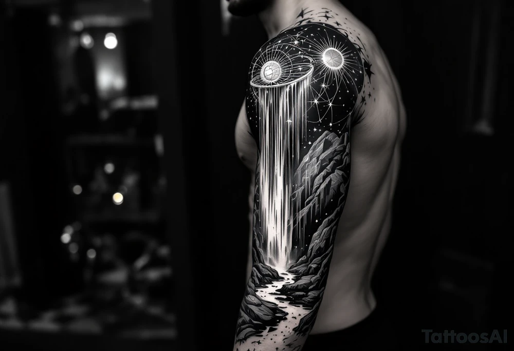 A solar system of stars that turn into a waterfall and rain tattoo idea