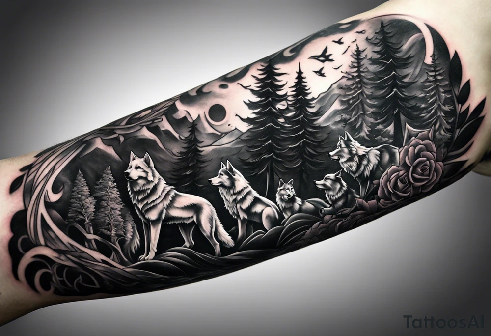 Create a vision of arm tattoo sleeve with combination of sword, crown, tree and three wolves to represent clients family roots tattoo idea