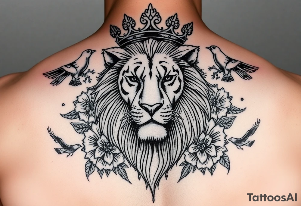 powerful majestic lion with a crown, surrounded by floral ornaments and birds tattoo idea