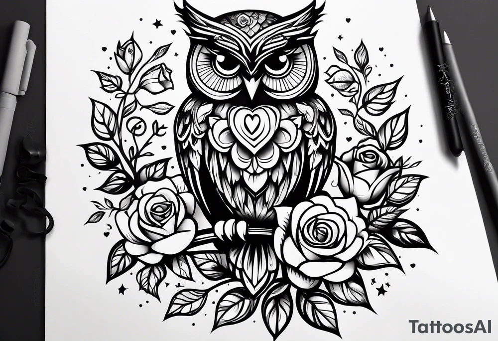 An owl, a rose,  lettering “but the greatest of these is love” tattoo idea