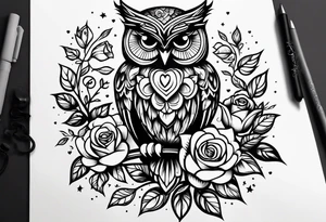 An owl, a rose,  lettering “but the greatest of these is love” tattoo idea