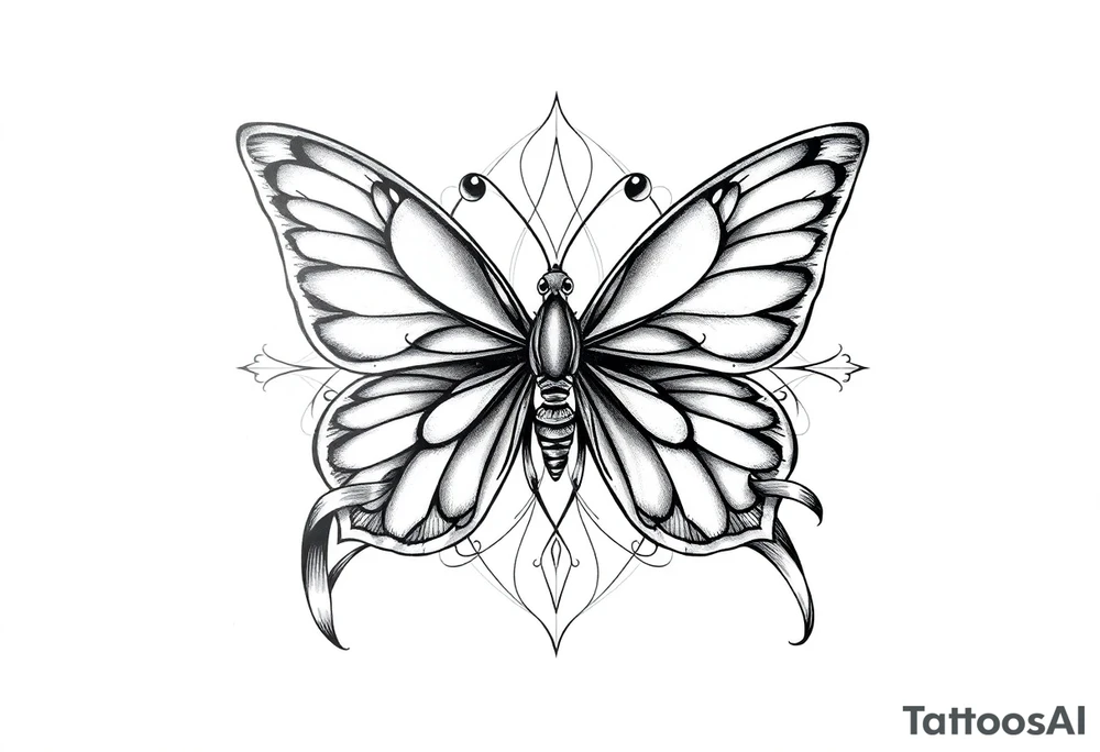ethereal butterfly with flowing silk ribbons in geometric mandala tattoo idea