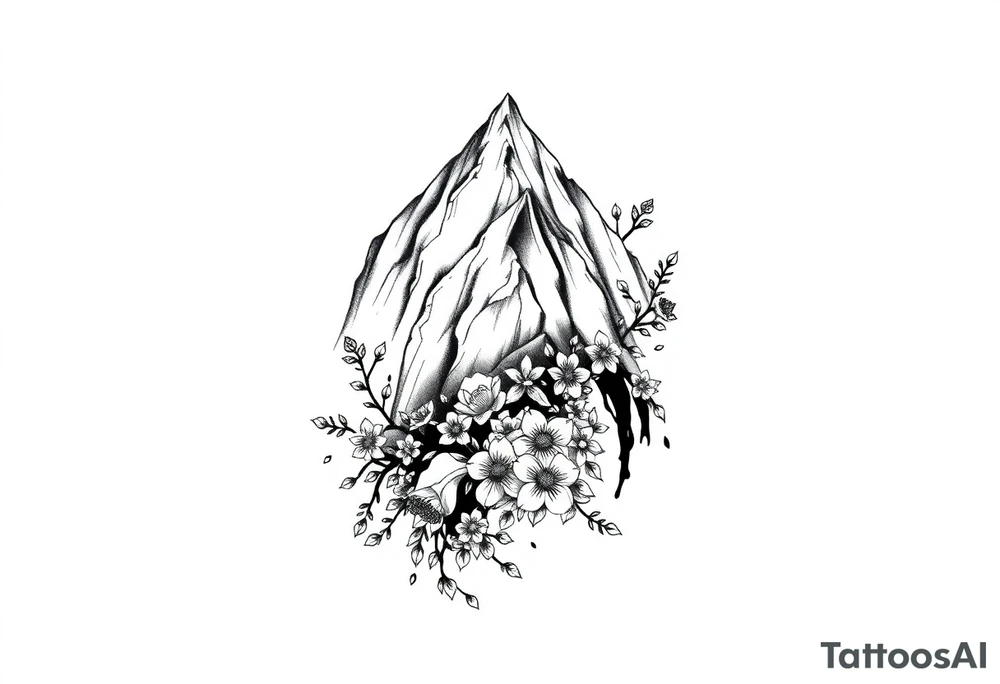 An elongated mountain range with vines and flowers mixed in tattoo idea