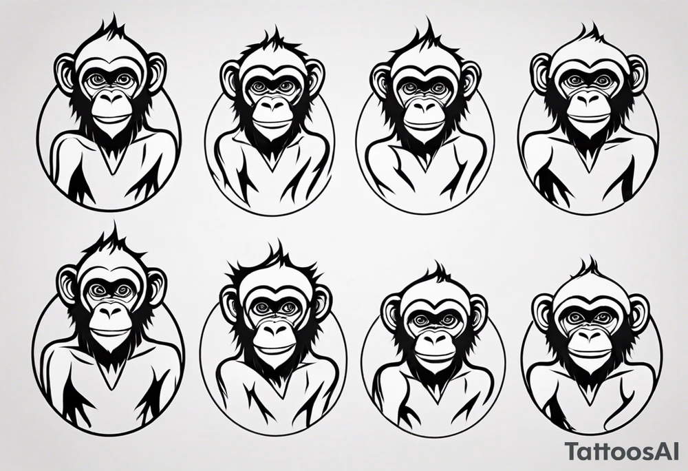Create an abstract happy monkey body icon shape on a small disconnected circle where the monkey is just a shape no face tattoo idea