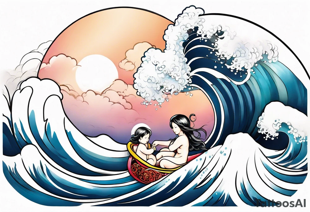 Wave and baby angel tattoo idea