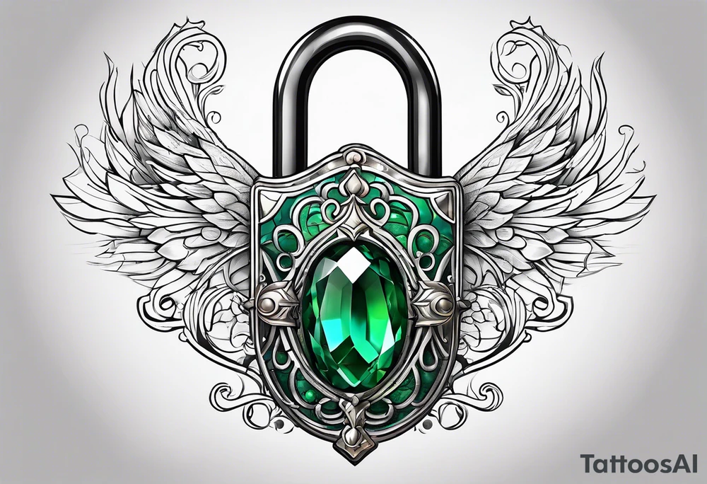 Lock and key with emerald stone tattoo idea