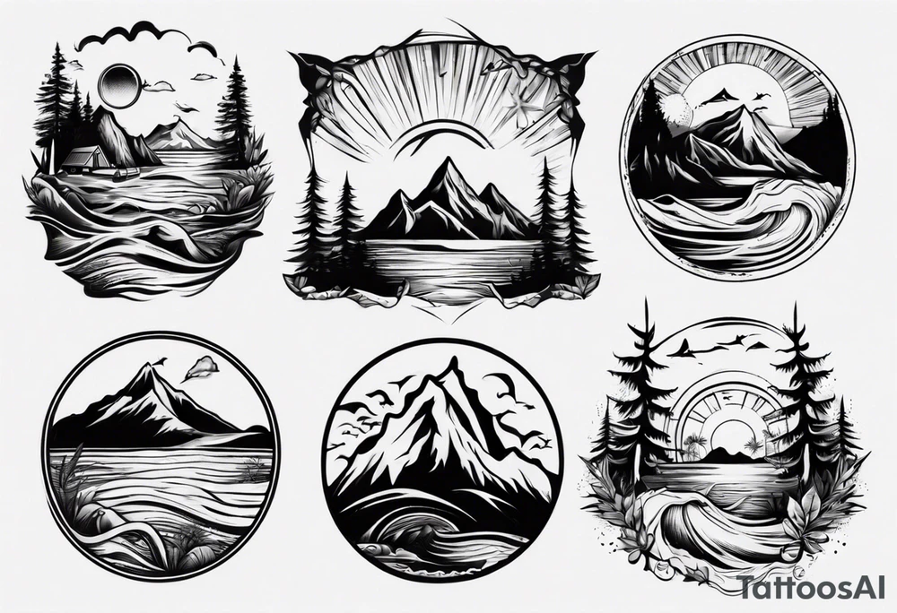 portrait tattoo with mountains, beach, waves, sunset, camping, trees tattoo idea
